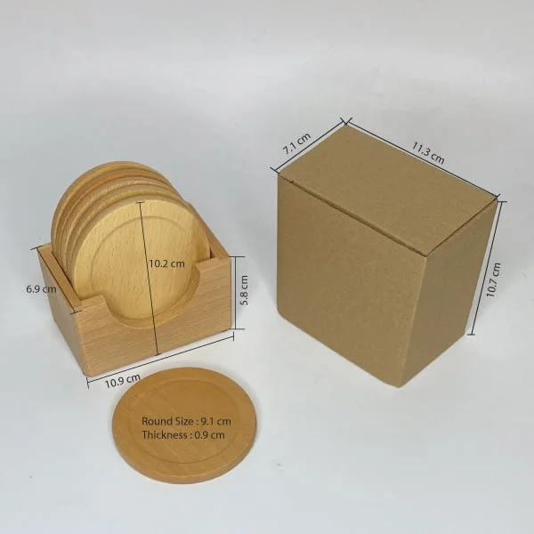 WOOD COASTERS WITH HOLDER Set of 6 Wood Coasters with Holder for Drinks Round Wooden Drink Coaster