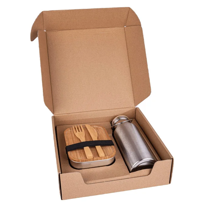 ECO Gift Set containing: [WATER BOTTLE] Double wall stainless steel insulating vacuum flask with bamboo lid and carry handle