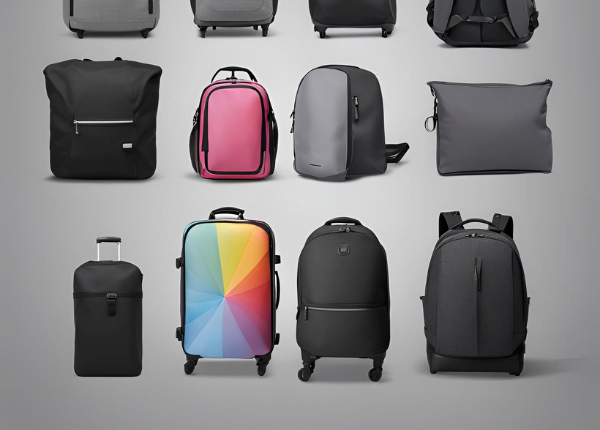 Bags & Travel Gifts backpacks, hard trolley bags, cotton bags, and travel adapters with a grey gradient background